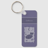 Whimsical Night Cat Folk Art Custom Keychain Schlüsselanhänger (Vorderseite)