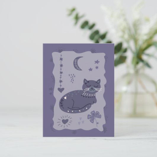Whimsical Night Cat Folk Art Postcard Postkarte (Stehend Vorderseite)