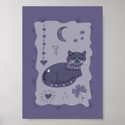 Whimsical Night Cat Volkskunstposter Poster (Vorne)
