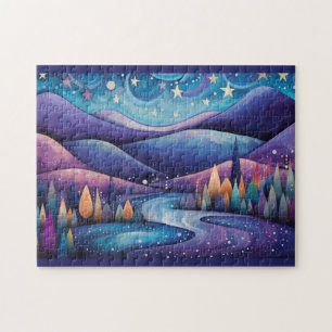 Whimsical Night - Fluss, Bäume und Berge Puzzle