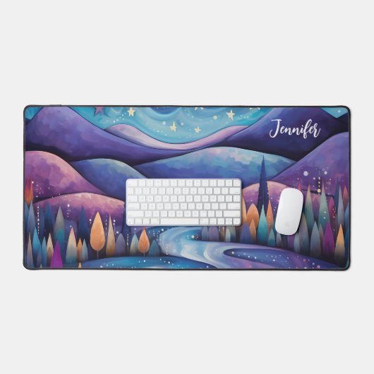 Whimsical Night - Fluss, Bäume und Berge Schreibtischunterlage (Tastatur & Maus)