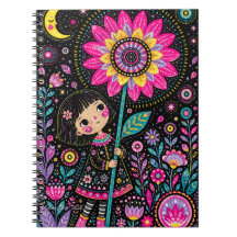 Whimsical Night Garden Girl Florale Volkskunst