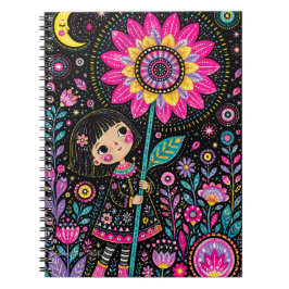 Whimsical Night Garden Girl Florale Volkskunst Notizblock