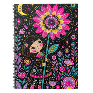 Whimsical Night Garden Girl Florale Volkskunst Notizblock