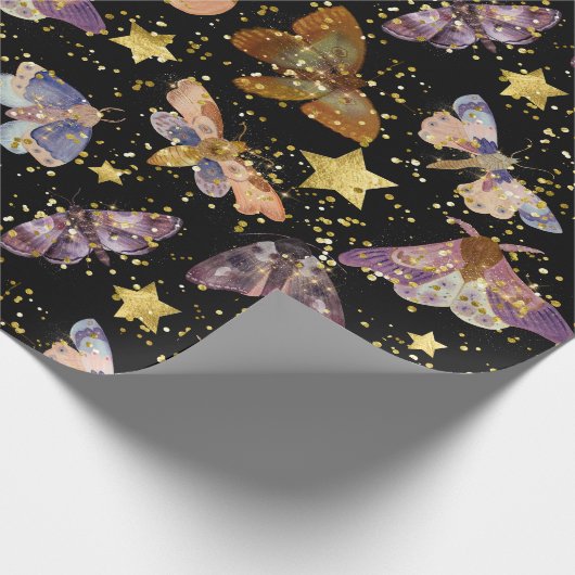 Whimsical Night Moth Butterfells Imitate Gold Star Geschenkpapier (Ecke)