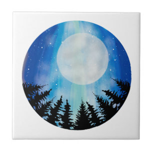Whimsical Night Vollmond Wald Himmel Blauer Kreis Fliese