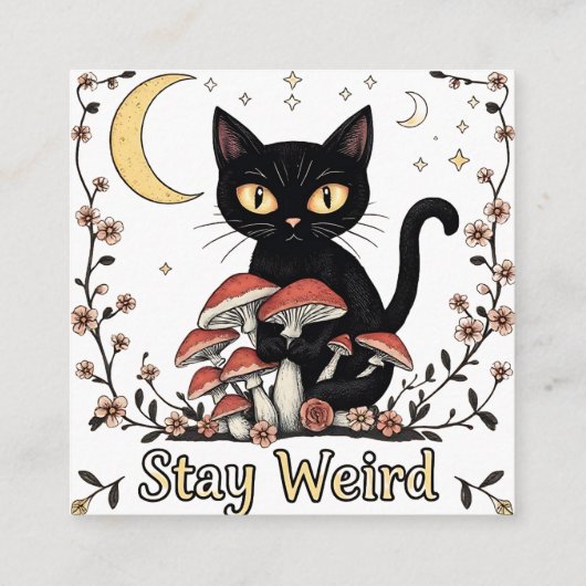 Whimsical noir cat framed by red mushrooms and pal begleitkarte (Rückseite)