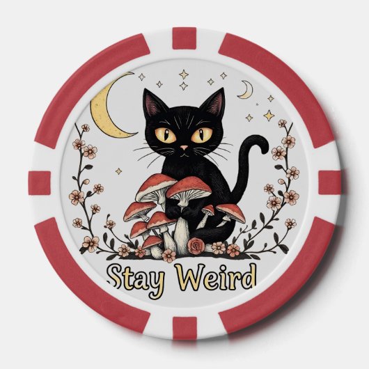 Whimsical noir cat framed by red mushrooms and pal pokerchips (Vorderseite)