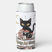 Whimsical noir cat framed by red mushrooms and pal selters dosenkühler (Seltzer Rückseite)