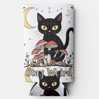 Whimsical noir cat framed by red mushrooms and pal selters dosenkühler