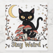 Whimsical noir cat framed by red mushrooms and pal weinetikett (Einzelnes Label)