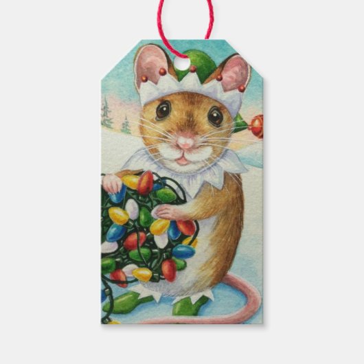 Whimsical North Pole Elf Mouse Wasserfarbe Kunst Geschenkanhänger (Vorderseite)