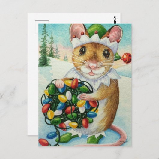 Whimsical North Pole Elf Mouse Wasserfarbe Kunst Postkarte (Vorne/Hinten)