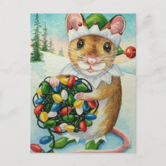 Whimsical North Pole Elf Mouse Wasserfarbe Kunst Postkarte (Vorderseite)