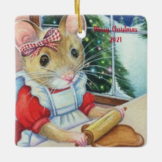Whimsical North Pole Gingerbread Baker Mouse Art Keramikornament (Vorderseite)