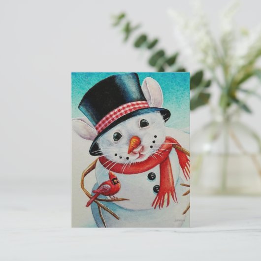 Whimsical North Pole Snowman Mouse Wasserfarbe Kun Postkarte (Stehend Vorderseite)