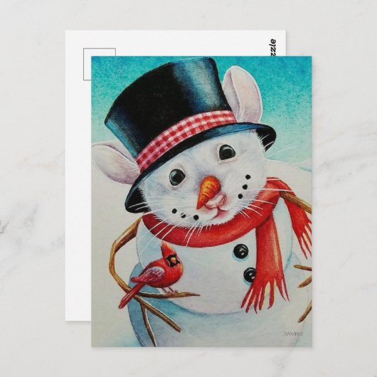 Whimsical North Pole Snowman Mouse Wasserfarbe Kun Postkarte (Vorne/Hinten)