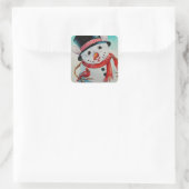 Whimsical North Pole Snowman Mouse Wasserfarbe Kun Quadratischer Aufkleber (Tasche)
