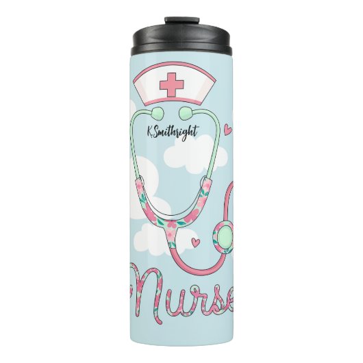 Whimsical Nurse Stethoscope Butterfly Clouds Thermosbecher (Vorderseite)