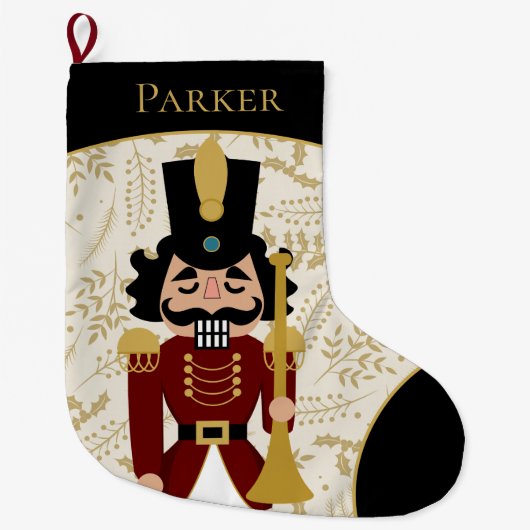 Whimsical Nutcracker Black und Beige Großer Weihnachtsstrumpf (Vorderseite)