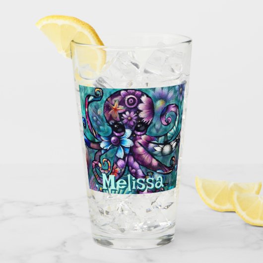 Whimsical Octopus Floral Aquamarin Küsten Personal Glas (Vorderseite Ice)