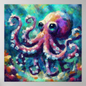 Whimsical Octopus Oil Painting Nautical Beach Poster (Vorne)