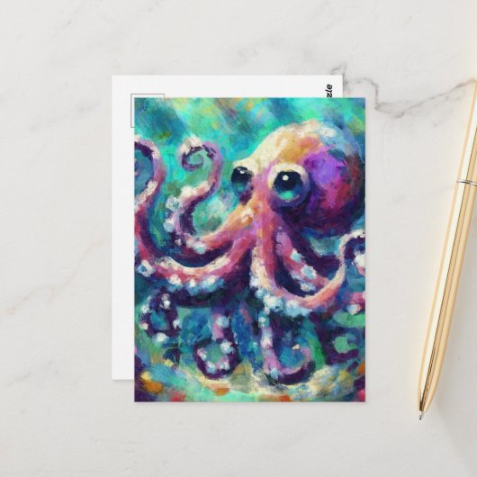 Whimsical Octopus Oil Painting Nautical Beach Postkarte (Vorderseite/Rückseite Beispiel)