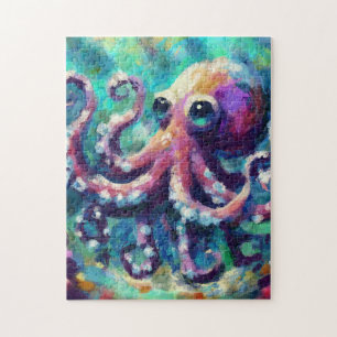 Whimsical Octopus Oil Painting Nautical Beach Puzzle