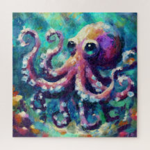 Whimsical Octopus Oil Painting Nautical Beach