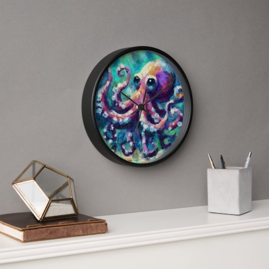 Whimsical Octopus Oil Painting Nautical Beach Uhr (Büro)