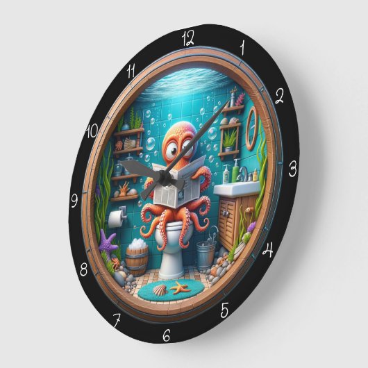 Whimsical Octopus on Toilet Clock Funny Große Wanduhr (Winkel)