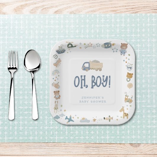 Whimsical Oh Boy Watercolor Doodle Kinderdusche Pappteller