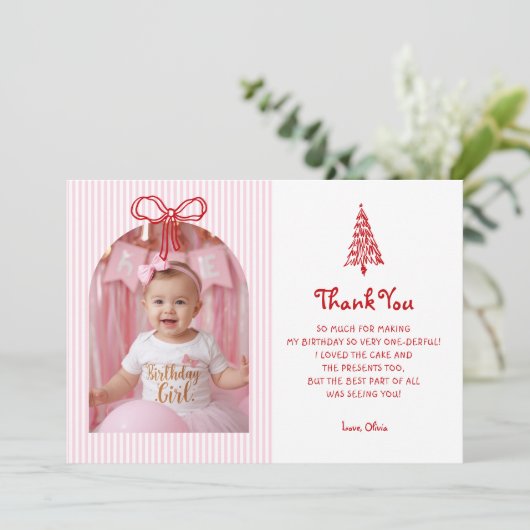 Whimsical Oh What Fun Girl 1st Birthday Photo Dankeskarte (Stehend Vorderseite)