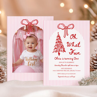 Whimsical Oh What Fun Girl 1st Birthday Photo Einladung