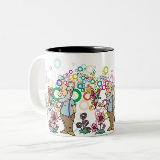 Whimsical Old Man: Butterfly Garden & Bubbles Zweifarbige Tasse (Vorderseite Links)