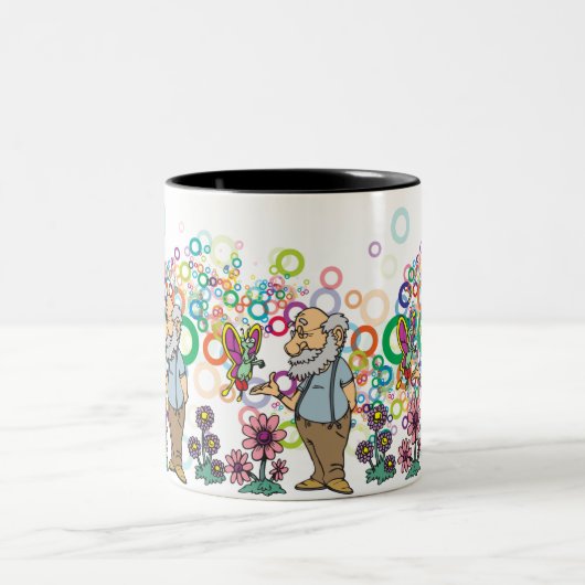Whimsical Old Man: Butterfly Garden & Bubbles Zweifarbige Tasse (Mittel)