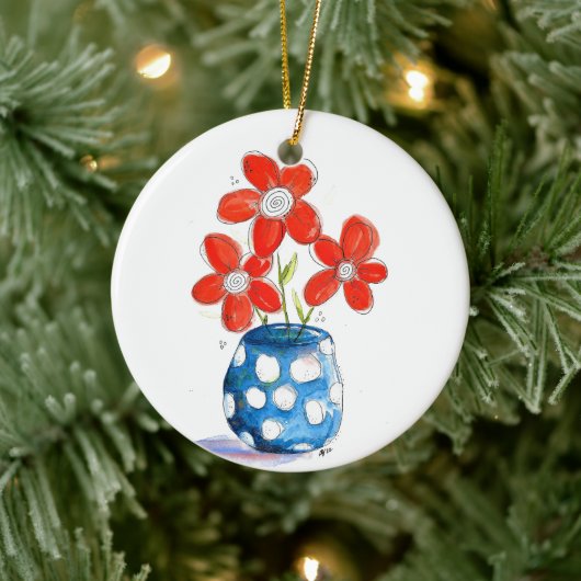 Whimsical Orange Blume in Blue Vase Keramik Ornament (Baum)