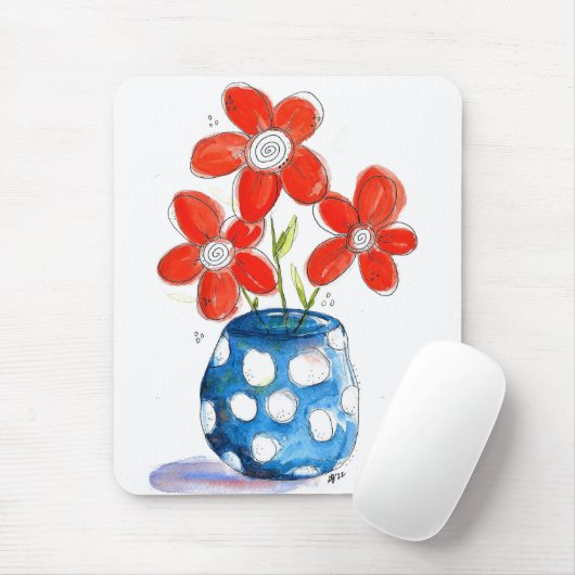 Whimsical Orange Blume in Blue Vase Mousepad (Mit Mouse)