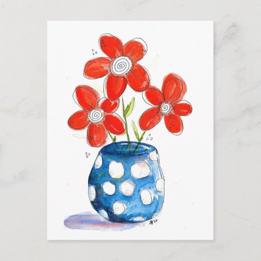 Whimsical Orange Blume in Blue Vase Postkarte (Vorderseite)