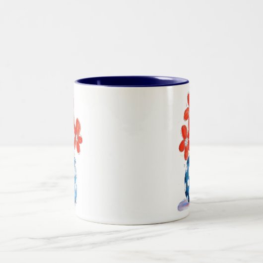 Whimsical Orange Blume in Blue Vase Zweifarbige Tasse (Mittel)