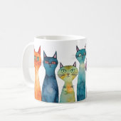 Whimsical Orange Lila Aquamarine Aquarellkatzen Kaffeetasse (Vorderseite Links)