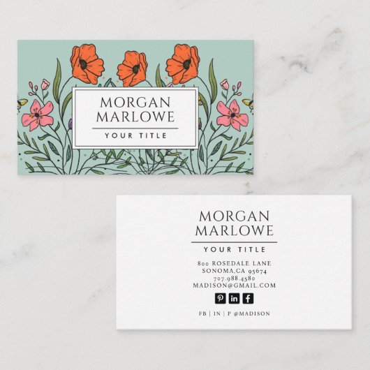 Whimsical Orange Pink Niedlich Blumengrün Visitenkarte (Vorne/Hinten)