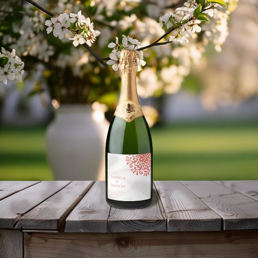 Whimsical Orange Red Blüh Schaumweinetikett