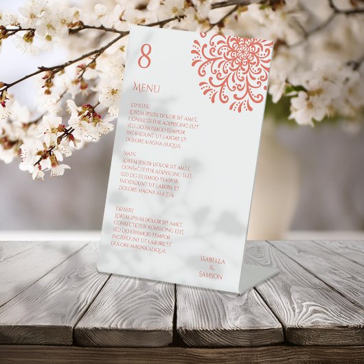 Whimsical Orange Red Blüh Wedding Menu Sockelschild