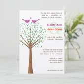 Whimsical Orange und Fuchsia Love Bird Tree Einlad Einladung (Stehend Vorderseite)