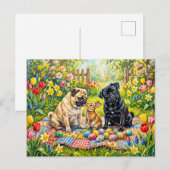 Whimsical Oster-Picknick-Mops-Hunde-Illustration Postkarte (Vorne/Hinten)