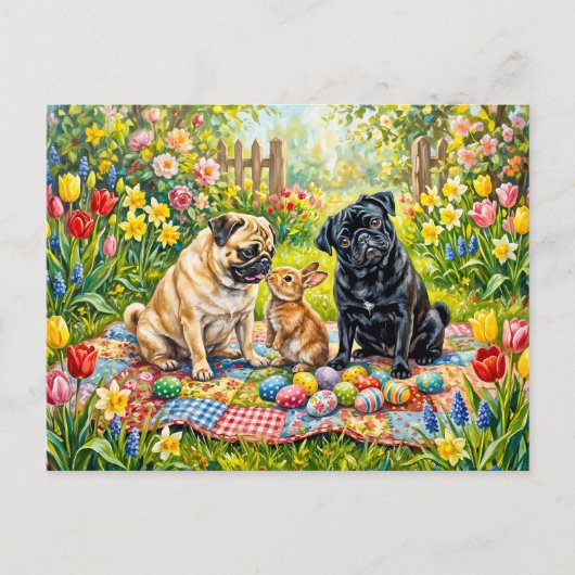 Whimsical Oster-Picknick-Mops-Hunde-Illustration Postkarte (Vorderseite)