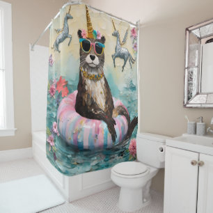 Whimsical Otter and Unicorns Floating on a River Duschvorhang