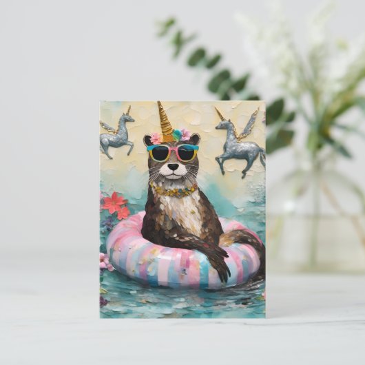 Whimsical Otter and Unicorns Floating on a River Postkarte (Stehend Vorderseite)