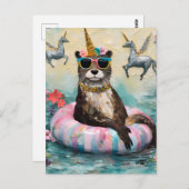 Whimsical Otter and Unicorns Floating on a River Postkarte (Vorne/Hinten)